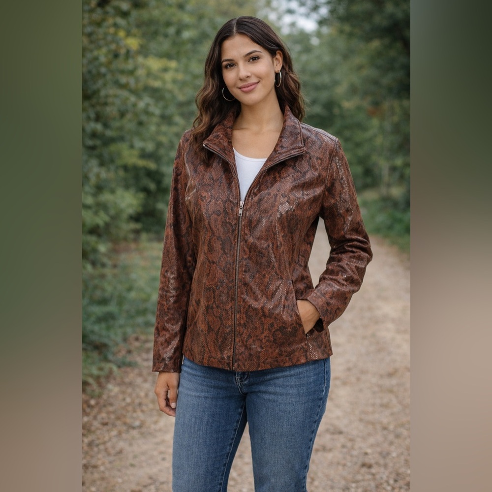 Vera Pelle Women's Brown Animal Print Jacket Italy Size Medium Pockets S…